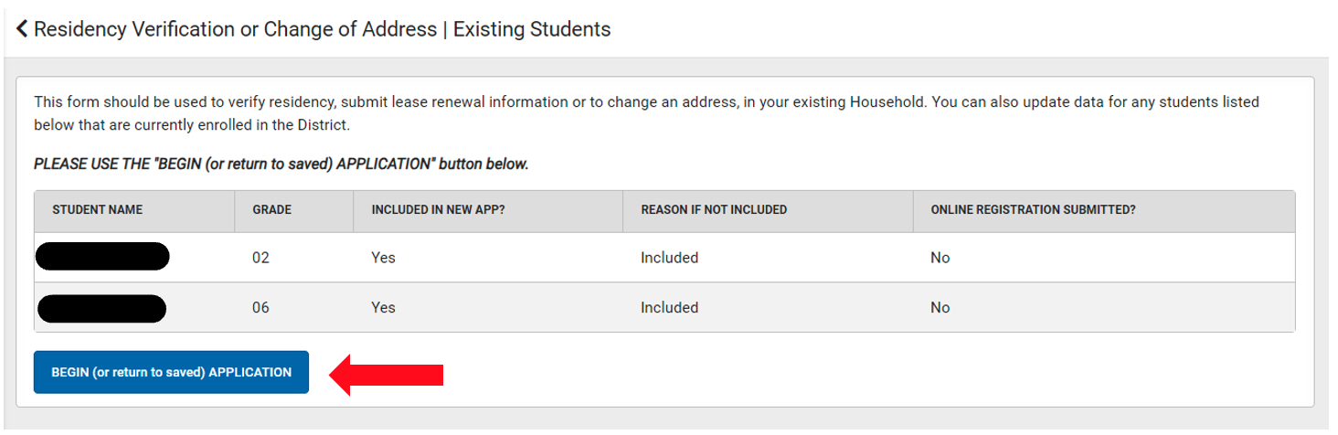 screen shot of residency verification screen with arrow pointingn to "begin application" button